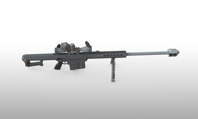 sniper rifle isolated on white. With telescopic scope standing on a  flat surface. The Rifle is load and ready to fire