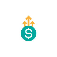 dollar growth vector icon. White dollar sign in blue circle with three up arrows. Flat icon. Isolated on white.