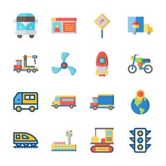 icon Transportation with car, train, road sing, rocket and all terrain