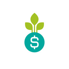 Dollar sign and growing sprout with green leaves. vector icon. Income growth flat icon. Isolated on white.