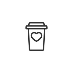 take-out coffee with cap and heart. disposable cardboard cup of coffee. Paper container icon.