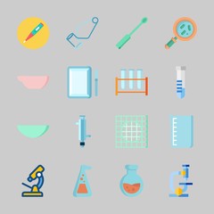 Icons about Laboratory with flask, thermometer, beaker, watch glass, loupe and test tubes