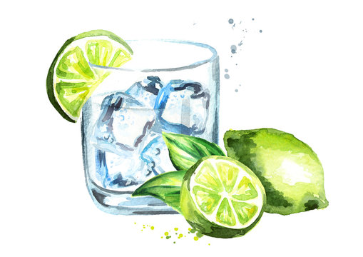 Glass of Gin tonic with ice cubes and lime. Watercolor hand drawn illustration, isolated on white background