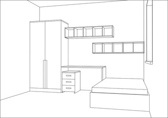 3D vector illustration. Modern kids bedroom furniture design. Closet, chest of drawers, table, bed, shelf isolated on white background. Home office. Furniture collection.