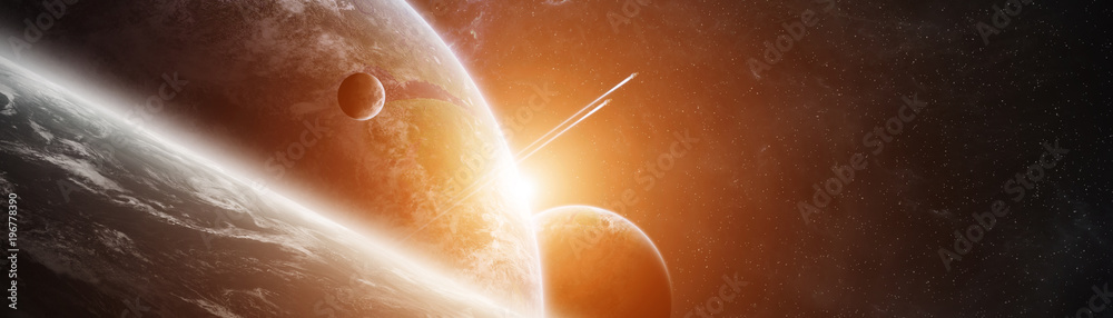 Poster Panoramic view of planets in distant solar system 3D rendering elements of this image furnished by NASA
