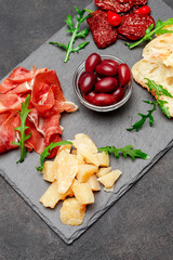 Traditional italian meals - prosciutto crudo or jamon, parmesan, tomatoes