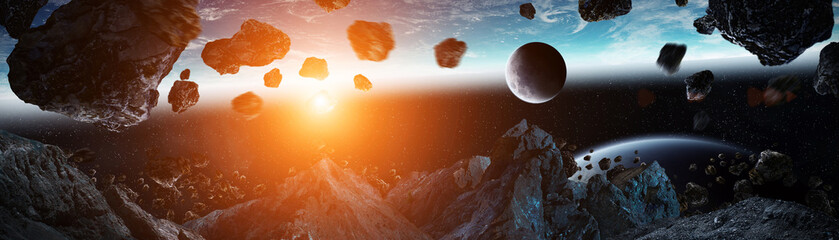 Panoramic view of planet Earth with asteroids flying close 3D rendering elements of this image furnished by NASA