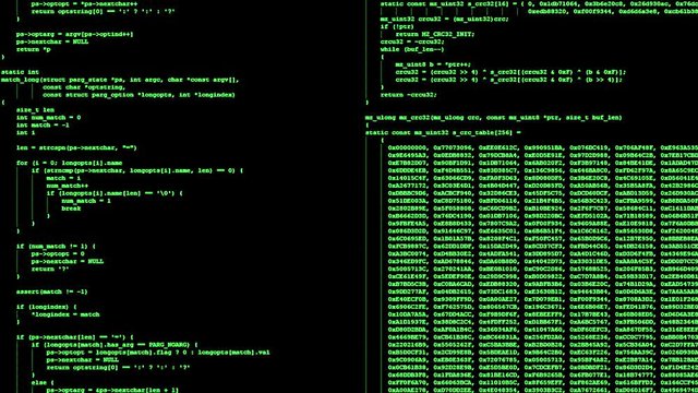 A 4K animation of two classic terminal screens, showing public domain source code projects running or scrolling down, green on black.
