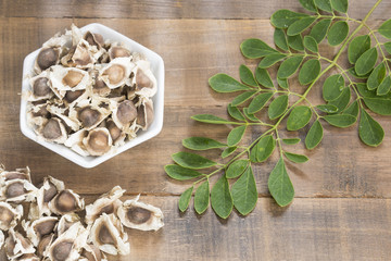 Seeds and dried leaves of moringa - Moringa oleifera