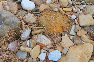 Abstract texture of the beach stones on the autumn grass background.