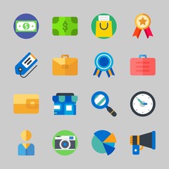 Icons about Commerce with pie chart, photo camera, user, store, search and time