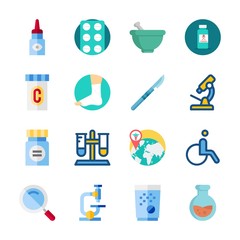 icon Medical with microscope, surgery, pill, tablets and mortar