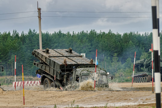 Tyumen, Russia - August 6, 2017: International Army Games. Safe Route contest. Motion of the mechanized bridge from TMM set