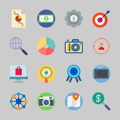 Icons about Commerce with settings, online shop, targeting, networking, target and search