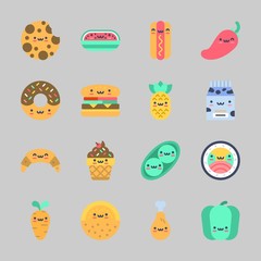 Icons about Food with sushi, carrot, chili pepper, milk, hamburger and hot dog