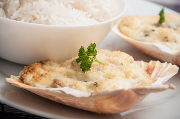 closeup of scallops shell and rice in a plate