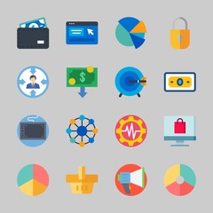 Icons about Commerce with megaphone, tablet, padlock, settings, money and shopping basket