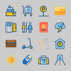 Icons about Travel with suit case, scooter, sun, toilet, tunnel and wallet