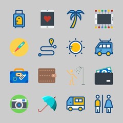 Icons about Travel with location, suit case, shower, thermometer, palm and route