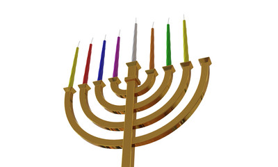 Hanuka menorah and candles isolated on white