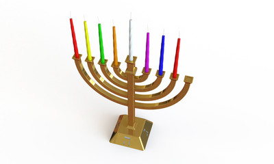 Hanuka menorah and candles isolated on white