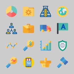 Icons about Business with smartphone, hammer, pyramid, delivery truck, pie chart and suitcase