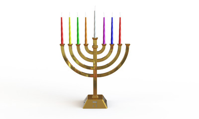 Hanuka menorah and candles isolated on white