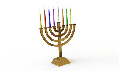 Hanuka menorah and candles isolated on white