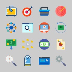 Icons about Commerce with video player, shopping basket, targeting, suitcase, networking and settings