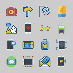 Icons about Travel with panel, smartphone, scooter, pyramids, suit case and suitcase
