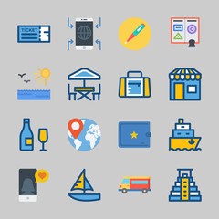 Icons about Travel with shop, van, ship, passport, wine and pyramid