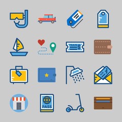 Icons about Travel with snorkel, route, shop, tag, suitcase and wallet