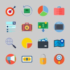 Icons about Commerce with targeting, money, suitcase, padlock, wallet and megaphone