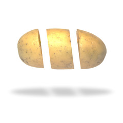 patata partida en tres trozos sobre fondo blanco