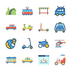 icon Transportation with plane, bus, road, taxi and road block