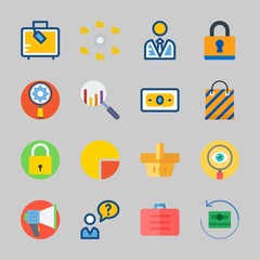 Icons about Commerce with shopping bag, user, suitcase, padlock, search and pie chart