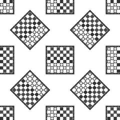 Board game of checkers icon seamless pattern on white background. Ancient Intellectual board game. Chess board. White and black chips. Flat design. Vector Illustration