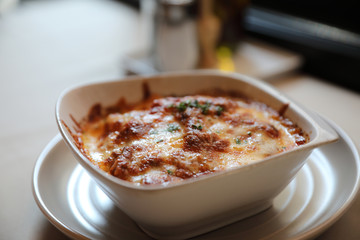 Homemade Beef Meat lasagna on dish in restaurant , Italian food