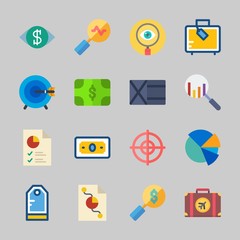 Icons about Commerce with tag, vision, pie chart, suitcase, search and money