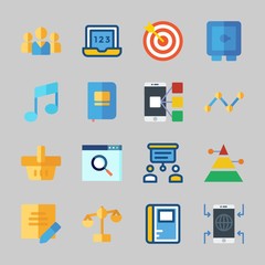 Icons about Business with balance, note, teamwork, laptop, law and pyramid