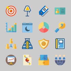 Icons about Business with bar chart, shield, target, teamwork, calendar and presentation