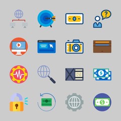 Icons about Commerce with video player, target, padlock, settings, online shop and search