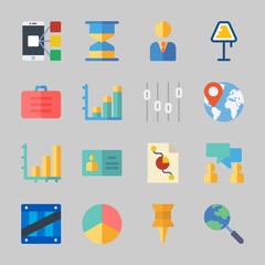 Icons about Business with push pin, bar chart, manager, lamp, location and id card
