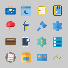 Icons about Business with suitcase, credit card, line graph, smartphone, gear and note