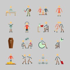 Icons about Human with boss, dialogue, student, kissing, family and olimpic games