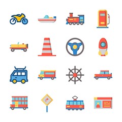 icon Transportation with road sing, rocket, double decker, driving license and car