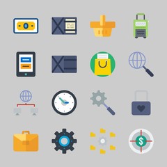 Icons about Commerce with target, search, settings, suitcase, shopping basket and tablet