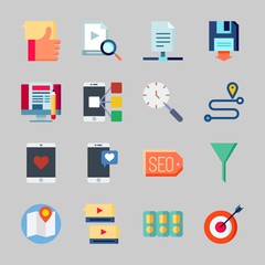 Icons about Seo with funnel, blogging, like, map, video and sharing archives