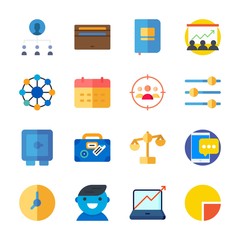 icon Business with notebook, levels, presentation, stats and pie chart
