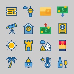 Icons about Travel with tree, thermometer, tower, pyramids, passport and telescope
